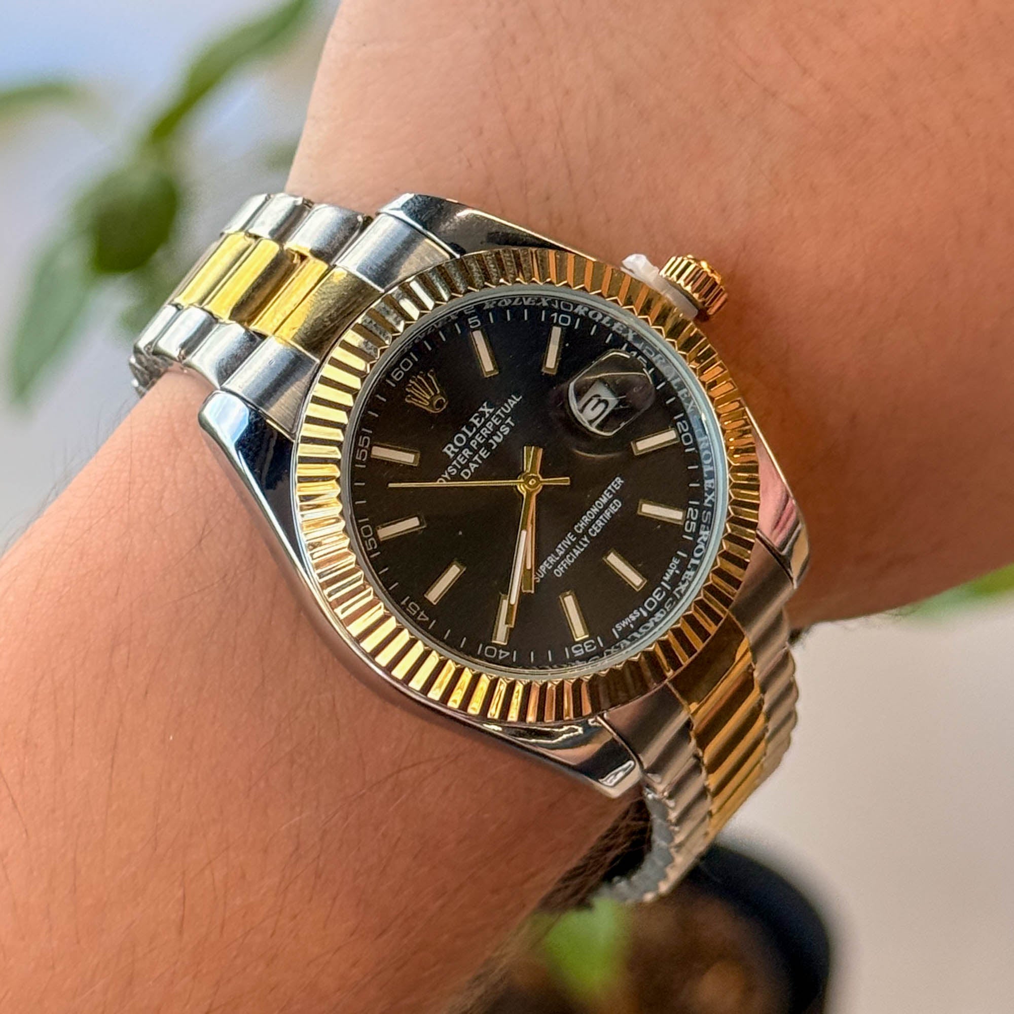 RELOJ R0L3X  METALICO ESTILO 2 BICOLOR FONDO NEGRO HOMBRE