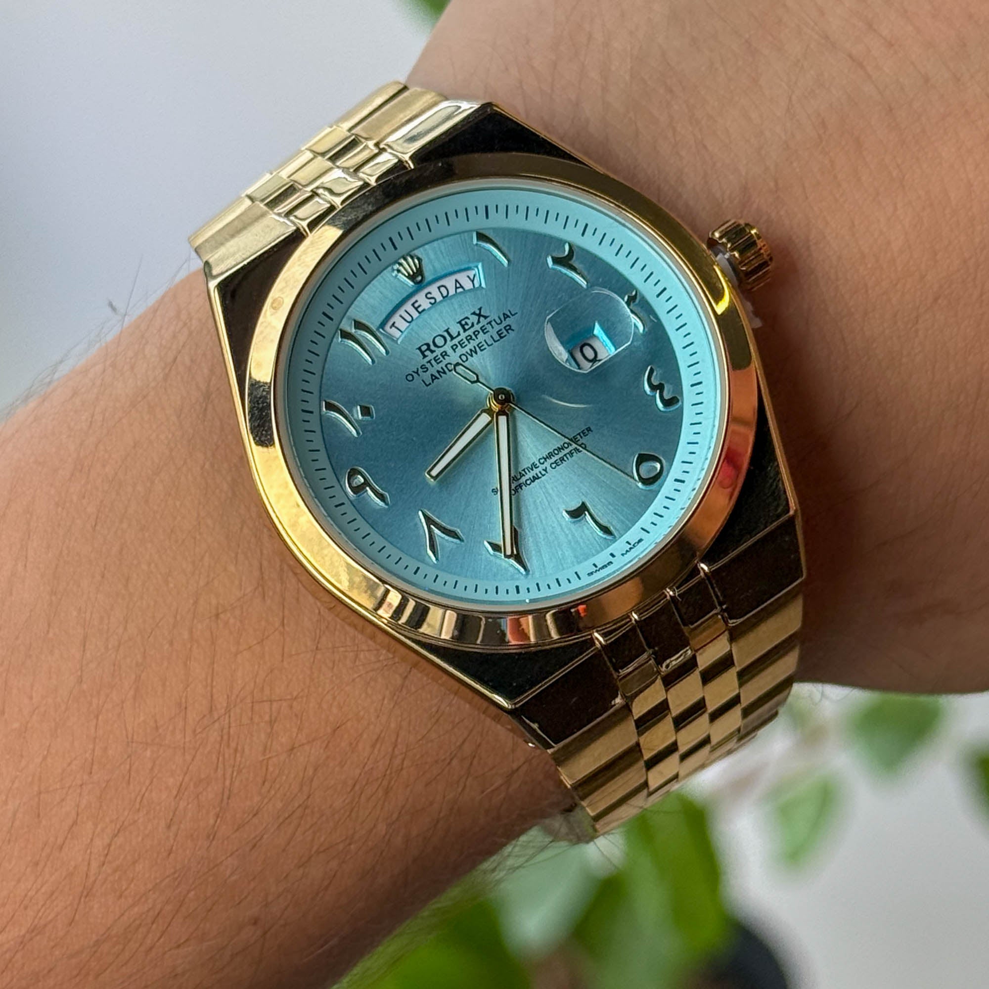 RELOJ R0L3X DORADO  FONDO CELESTE  HOMBRE